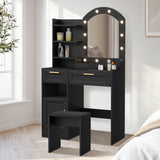 Oikiture Dressing Table Stool Set Arch Mirror 12 LED Bulbs Black - Extra Image