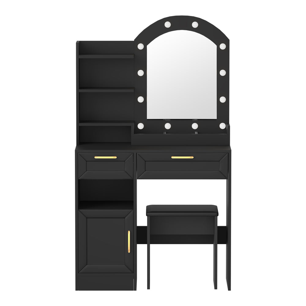 Oikiture Dressing Table Stool Set Arch Mirror 12 LED Bulbs Black