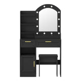 Oikiture Dressing Table Stool Set Arch Mirror 12 LED Bulbs Black - Front View