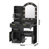 Oikiture Dressing Table Stool Set Arch Mirror 12 LED Bulbs Black