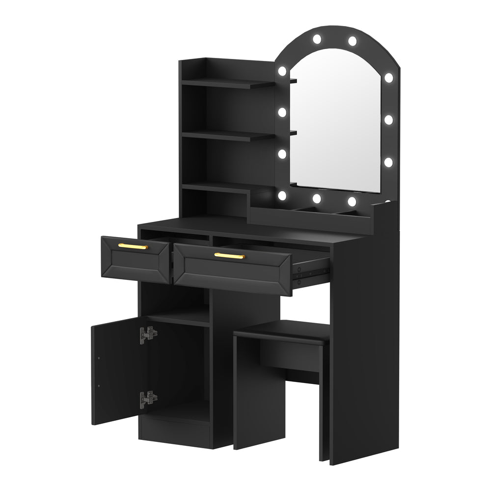 Oikiture Dressing Table Stool Set Arch Mirror 12 LED Bulbs Black