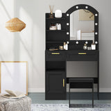 Oikiture Dressing Table Stool Set Arch Mirror 12 LED Bulbs Black