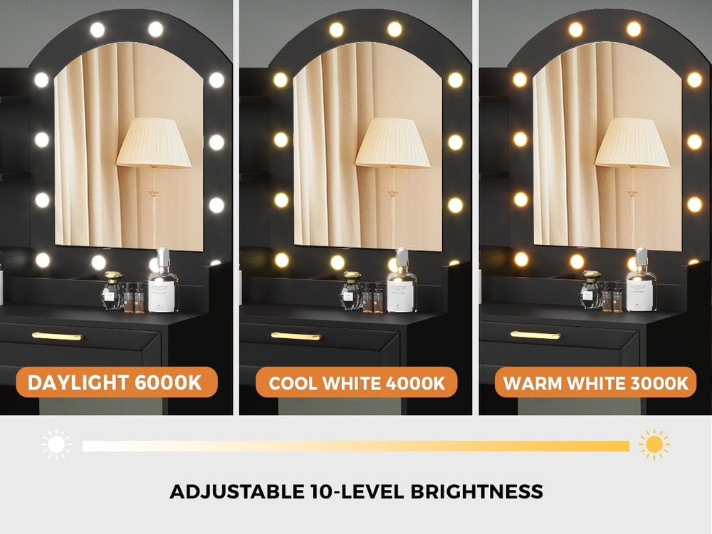 Oikiture Dressing Table Stool Set Arch Mirror 12 LED Bulbs Black