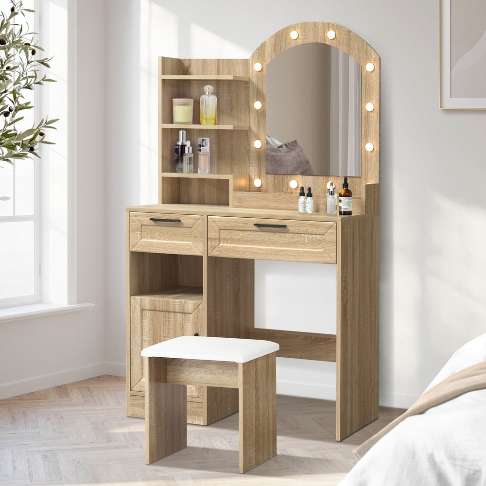Oikiture Dressing Table Stool Set Arch Mirror 12 LED Bulbs Natural