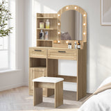 Oikiture Dressing Table Stool Set Arch Mirror 12 LED Bulbs Natural - Front View