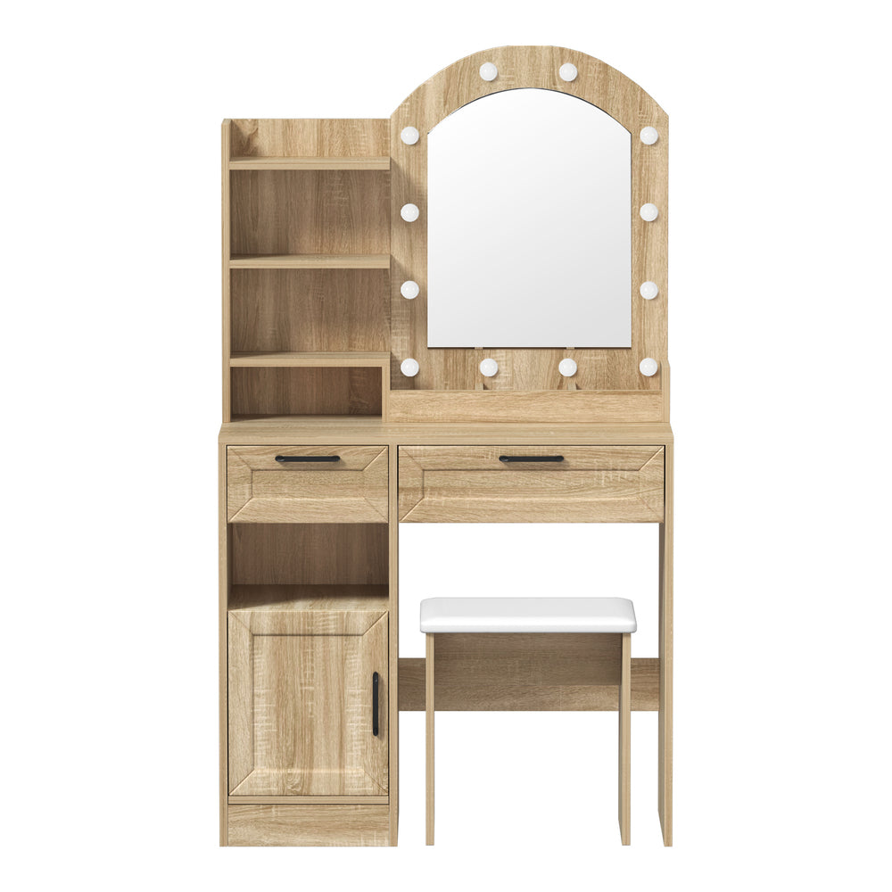 Oikiture Dressing Table Stool Set Arch Mirror 12 LED Bulbs Natural