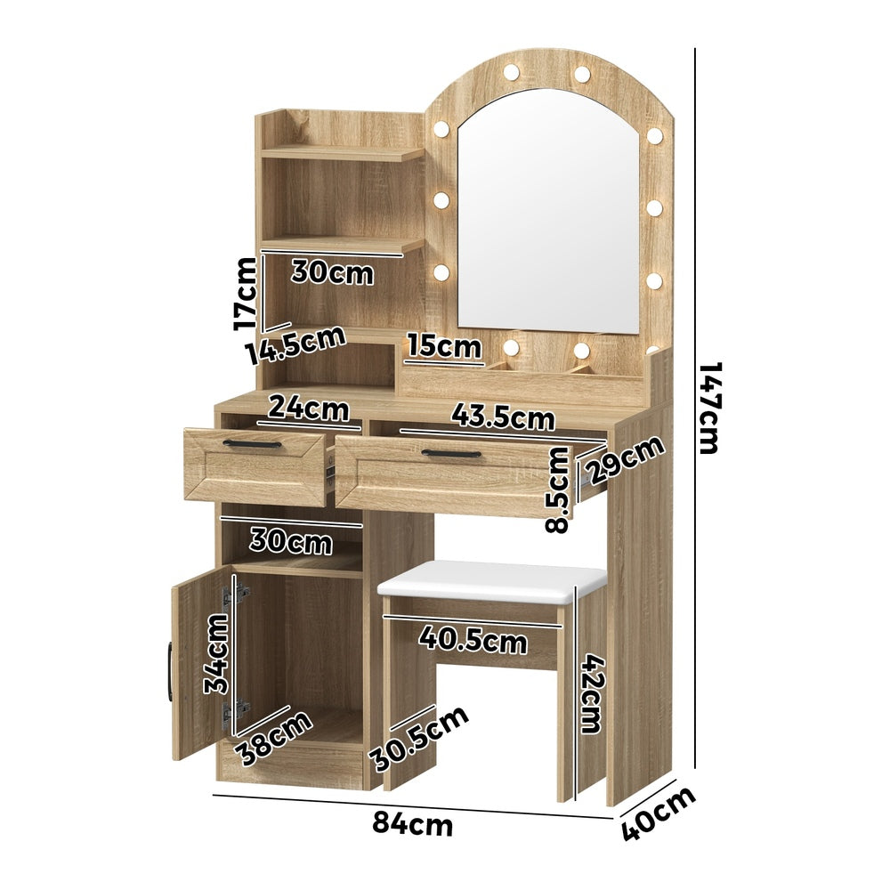 Oikiture Dressing Table Stool Set Arch Mirror 12 LED Bulbs Natural