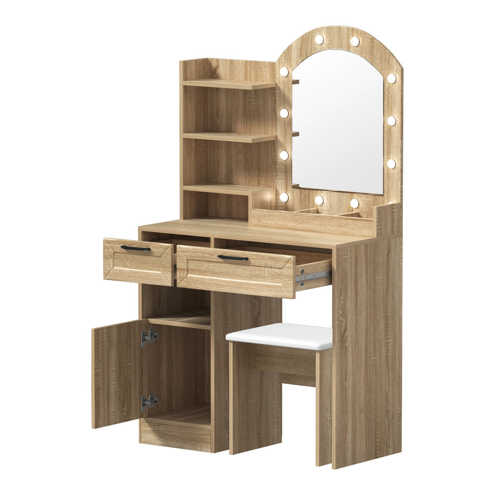 Oikiture Dressing Table Stool Set Arch Mirror 12 LED Bulbs Natural