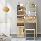 Oikiture Dressing Table Stool Set Arch Mirror 12 LED Bulbs Natural