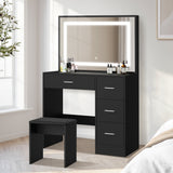 Oikiture Dressing Table Stool Set Large Mirror LED Light Black