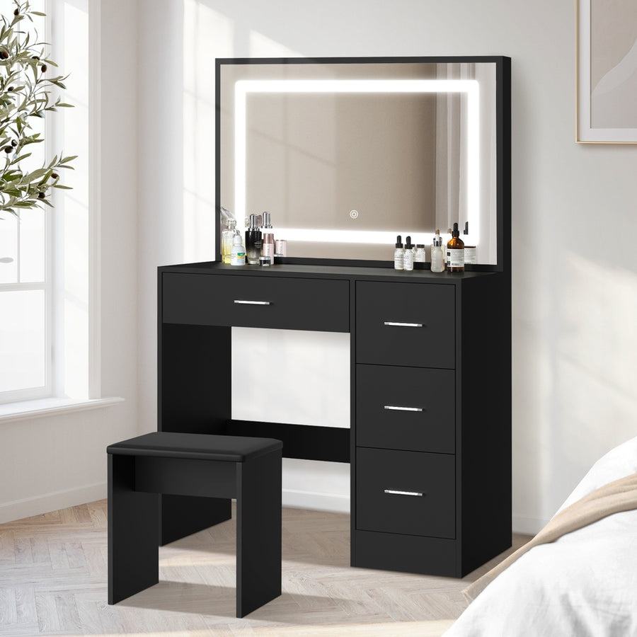 Oikiture Dressing Table Stool Set Large Mirror LED Light Black, image 9