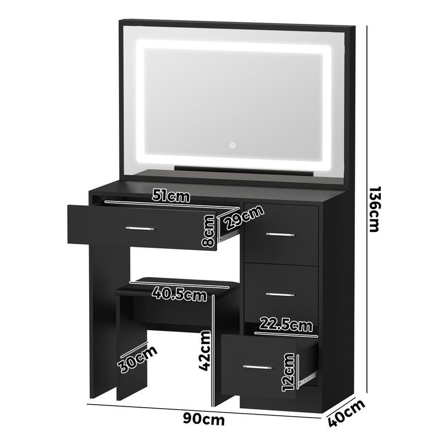 Oikiture Dressing Table Stool Set Large Mirror LED Light Black, image 4