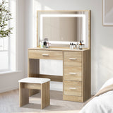 Oikiture Dressing Table Stool Set Large Mirror LED Light Natural - Top-Down View