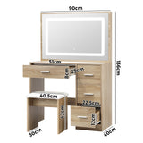 Oikiture Dressing Table Stool Set Large Mirror LED Light Natural - Side View