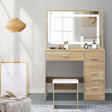 Oikiture Dressing Table Stool Set Large Mirror LED Light Natural