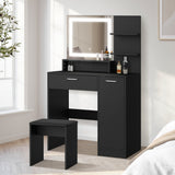 Oikiture Dressing Table Stool Set LED Light Large Cabinet Black