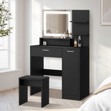 Oikiture Dressing Table Stool Set LED Light Large Cabinet Black - Close-Up Angle
