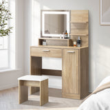 Oikiture Dressing Table Stool Set LED Light Large Cabinet Natural