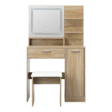 Oikiture Dressing Table Stool Set LED Light Large Cabinet Natural - Top-Down View