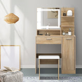 Oikiture Dressing Table Stool Set LED Light Large Cabinet Natural - Rear View