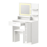 Oikiture Dressing Table Stool Set LED Light Large Cabinet White - Rear View