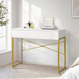 Oikiture Dressing Table Makeup Desk 2 Drawers White and Gold - Rear View