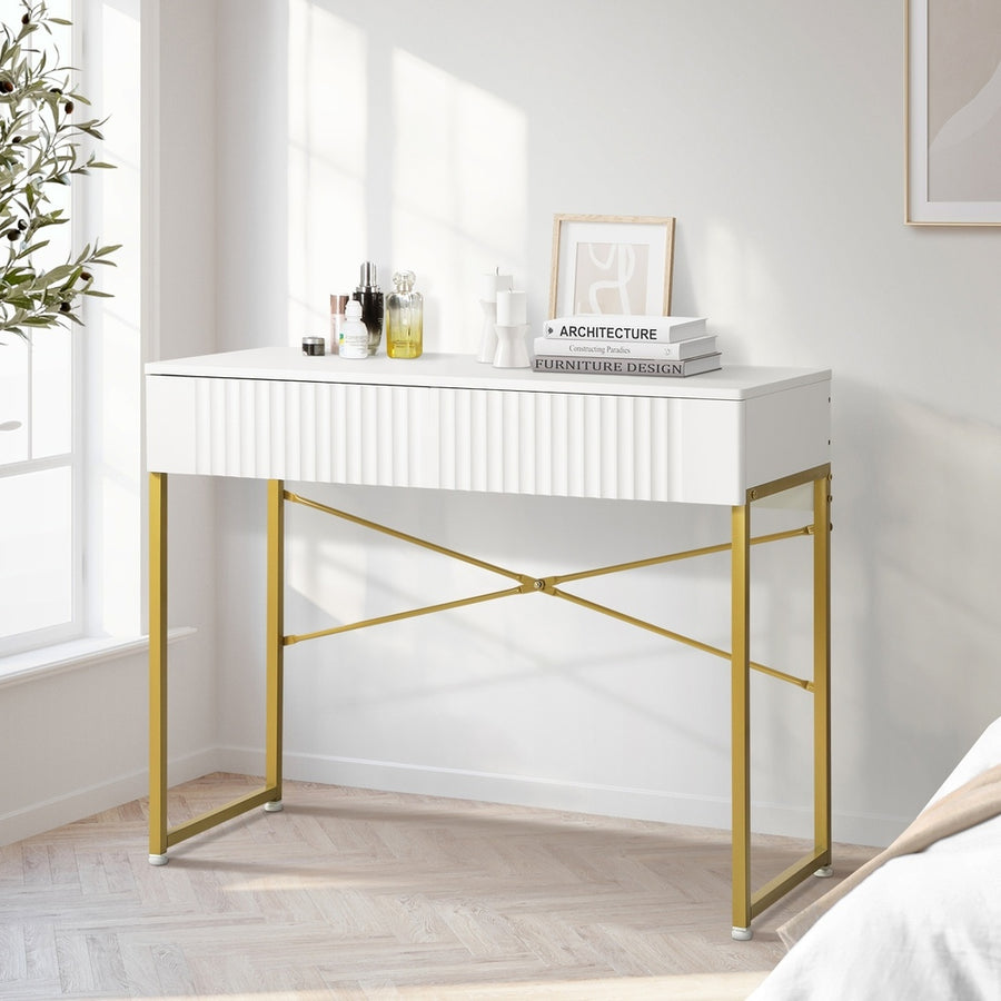 Oikiture Dressing Table Makeup Desk 2 Drawers White and Gold, image 6