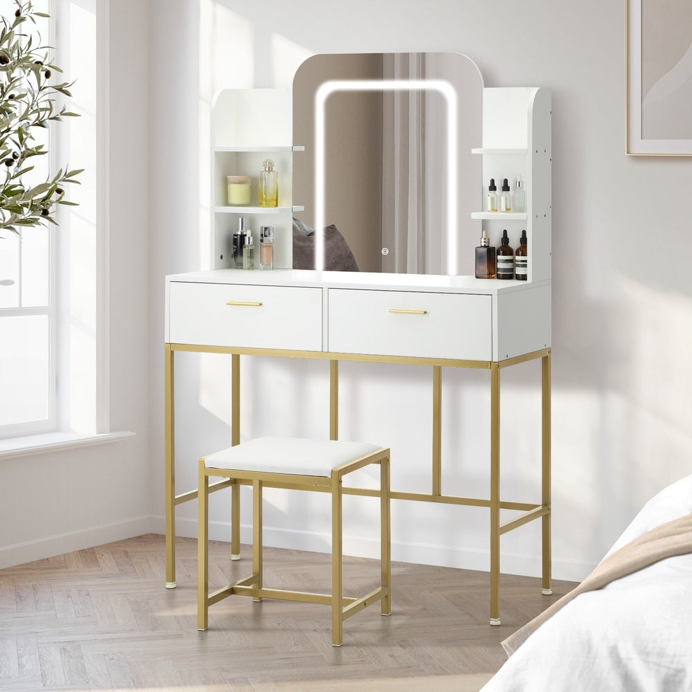 Oikiture Dressing Table Stool Set LED Mirror Vanity Desk White Gold