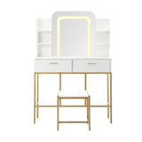 Oikiture Dressing Table Stool Set LED Mirror Vanity Desk White Gold