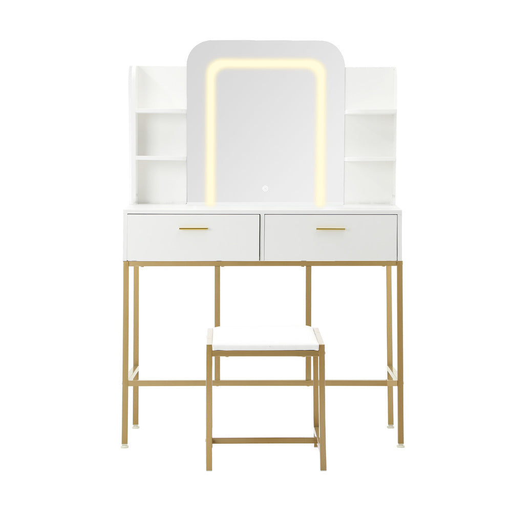 Oikiture Dressing Table Stool Set LED Mirror Vanity Desk White Gold