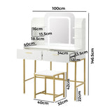 Oikiture Dressing Table Stool Set LED Mirror Vanity Desk White Gold