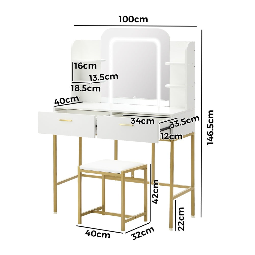 Oikiture Dressing Table Stool Set LED Mirror Vanity Desk White Gold