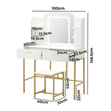 Oikiture Dressing Table Stool Set LED Mirror Vanity Desk White Gold - Side View
