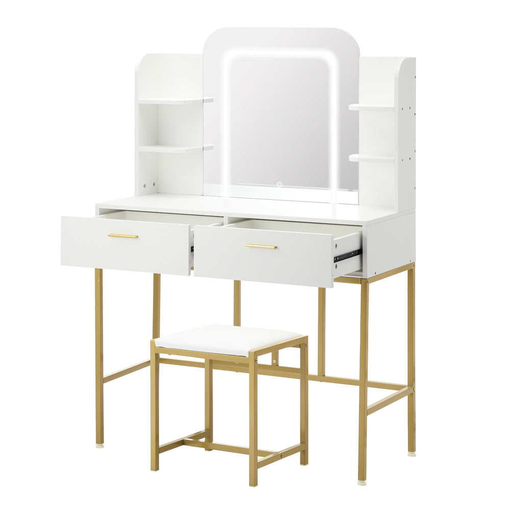 Oikiture Dressing Table Stool Set LED Mirror Vanity Desk White Gold