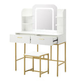 Oikiture Dressing Table Stool Set LED Mirror Vanity Desk White Gold - Front View