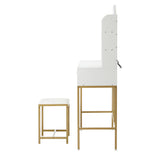 Oikiture Dressing Table Stool Set LED Mirror Vanity Desk White Gold