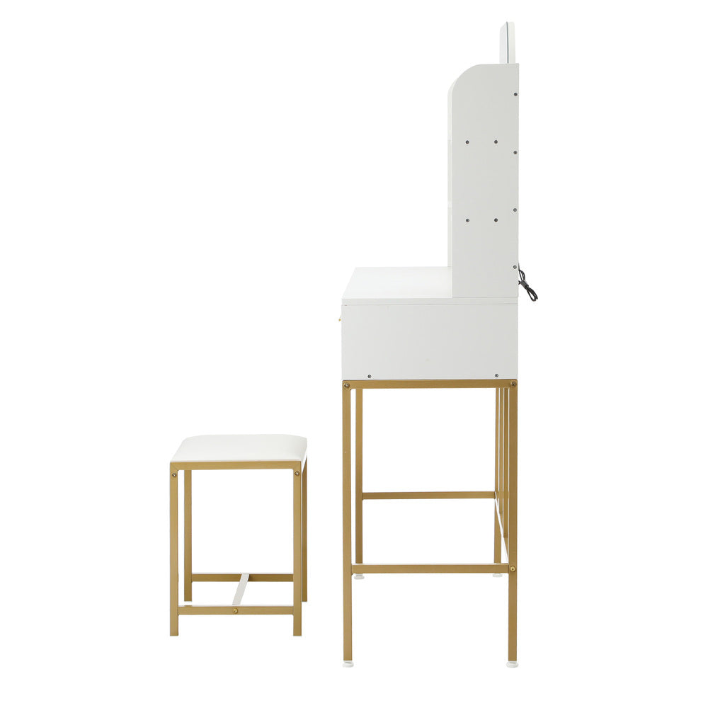 Oikiture Dressing Table Stool Set LED Mirror Vanity Desk White Gold