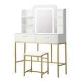 Oikiture Dressing Table Stool Set LED Mirror Vanity Desk White Gold