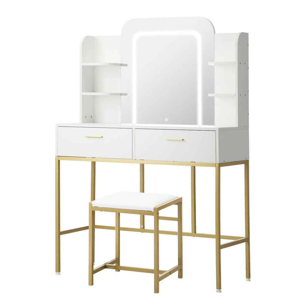 Oikiture Dressing Table Stool Set LED Mirror Vanity Desk White Gold