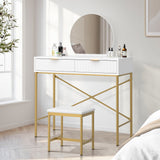 Oikiture Dressing Table Stool Set with Mirror 2 Drawers White & Gold - Rear View