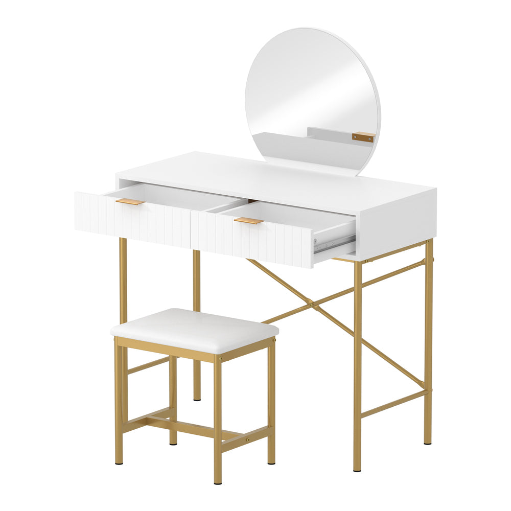 Oikiture Dressing Table Stool Set with Mirror 2 Drawers White & Gold