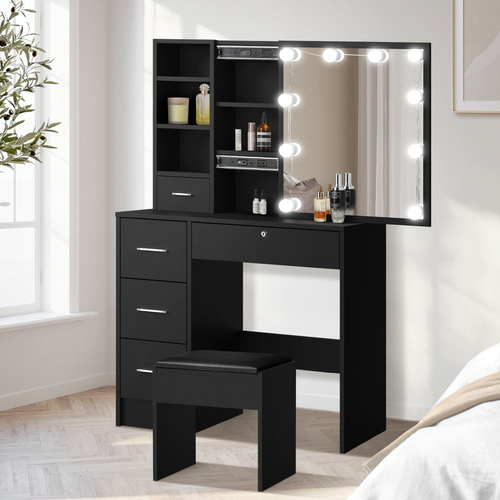 Oikiture Dressing Table Stool Set Makeup Slide Mirror Drawer 10 LED Bulbs Black