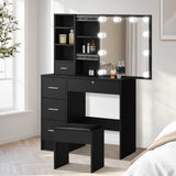 Oikiture Dressing Table Stool Set Makeup Slide Mirror Drawer 10 LED Bulbs Black - Front View