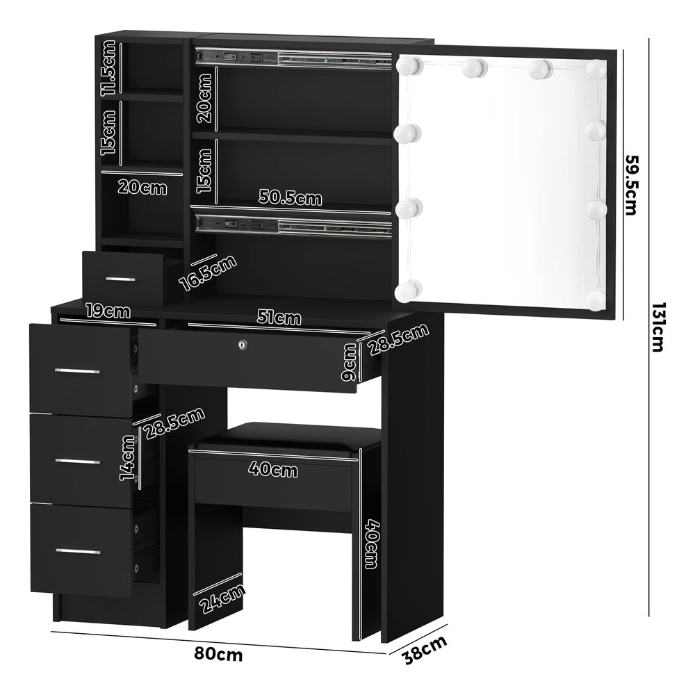 Oikiture Dressing Table Stool Set Makeup Slide Mirror Drawer 10 LED Bulbs Black