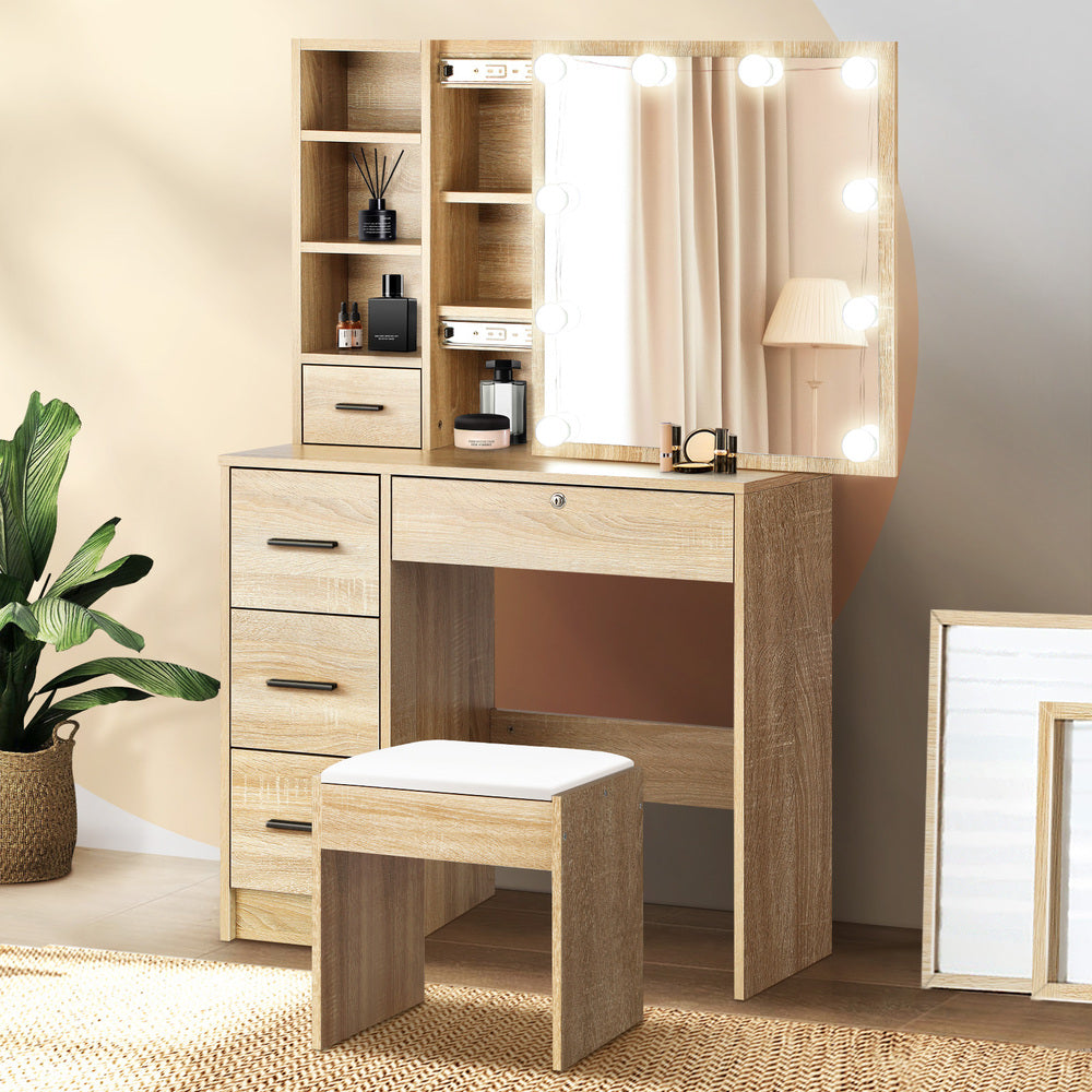 Oikiture Dressing Table Stool Set with 10 Bulbs Mirror Wooden