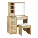 Oikiture Dressing Table Stool Set with 10 Bulbs Mirror Wooden