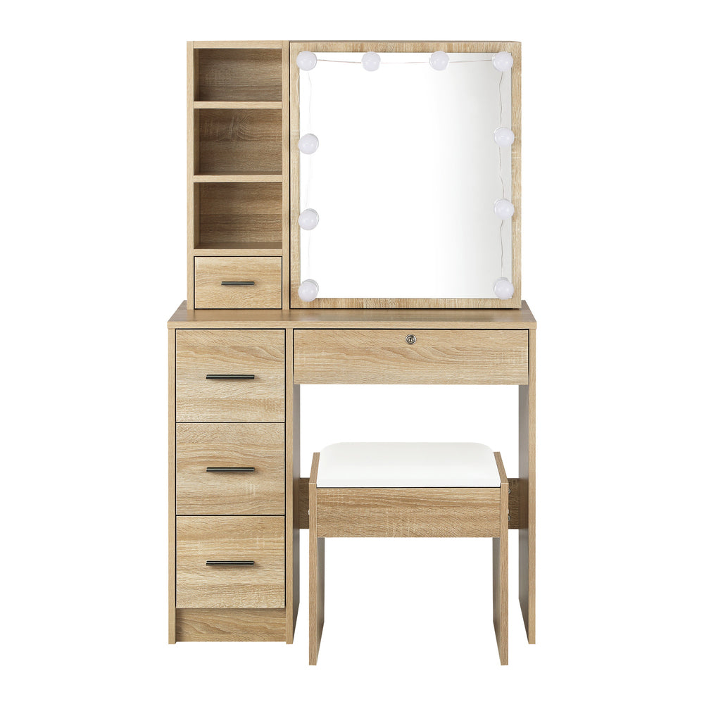 Oikiture Dressing Table Stool Set with 10 Bulbs Mirror Wooden