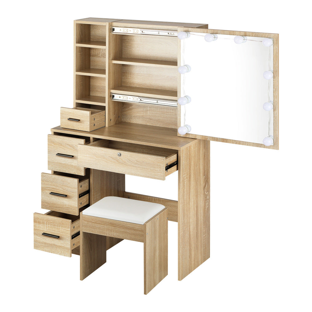 Oikiture Dressing Table Stool Set with 10 Bulbs Mirror Wooden