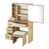 Oikiture Dressing Table Stool Set with 10 Bulbs Mirror Wooden - Close-Up Angle