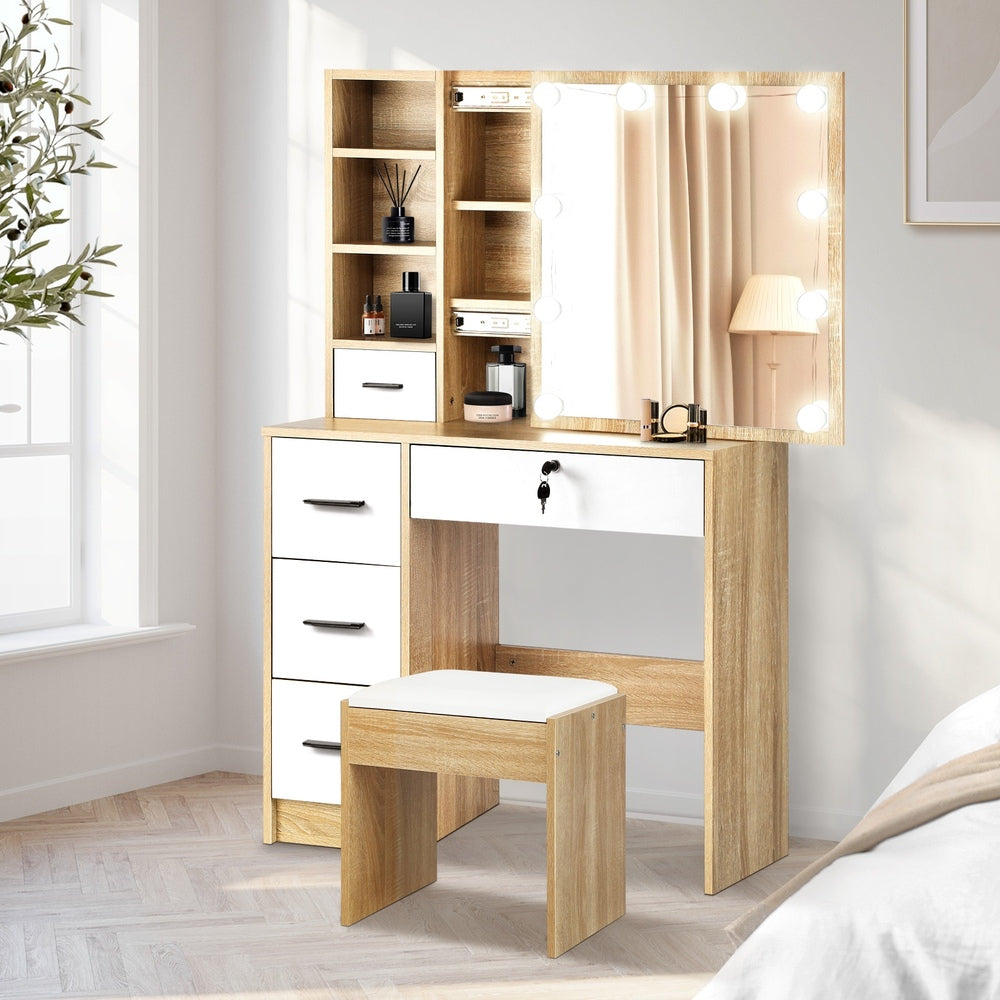 Oikiture Dressing Table Stool Set Slide Mirror LED Bulbs Wooden White